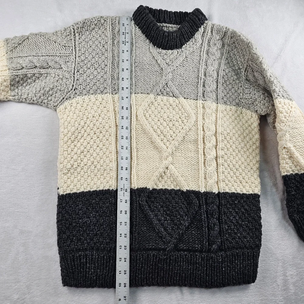 Vtg Aran Pullover Sweater Wool Fisherman Cable Knit Men 40 Colorblock Gray Cream